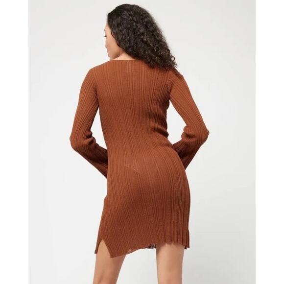 L*Space Wailea Brown Ribbed Long Sleeve O-Ring Beach Coverup Mini Dress Size S - Picture 3 of 11